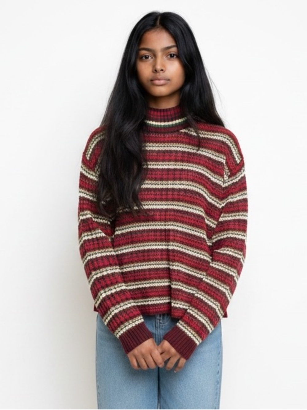 Christopher & Banks Striped Mock Neck Sweater in Burgundy, Cream and Olive